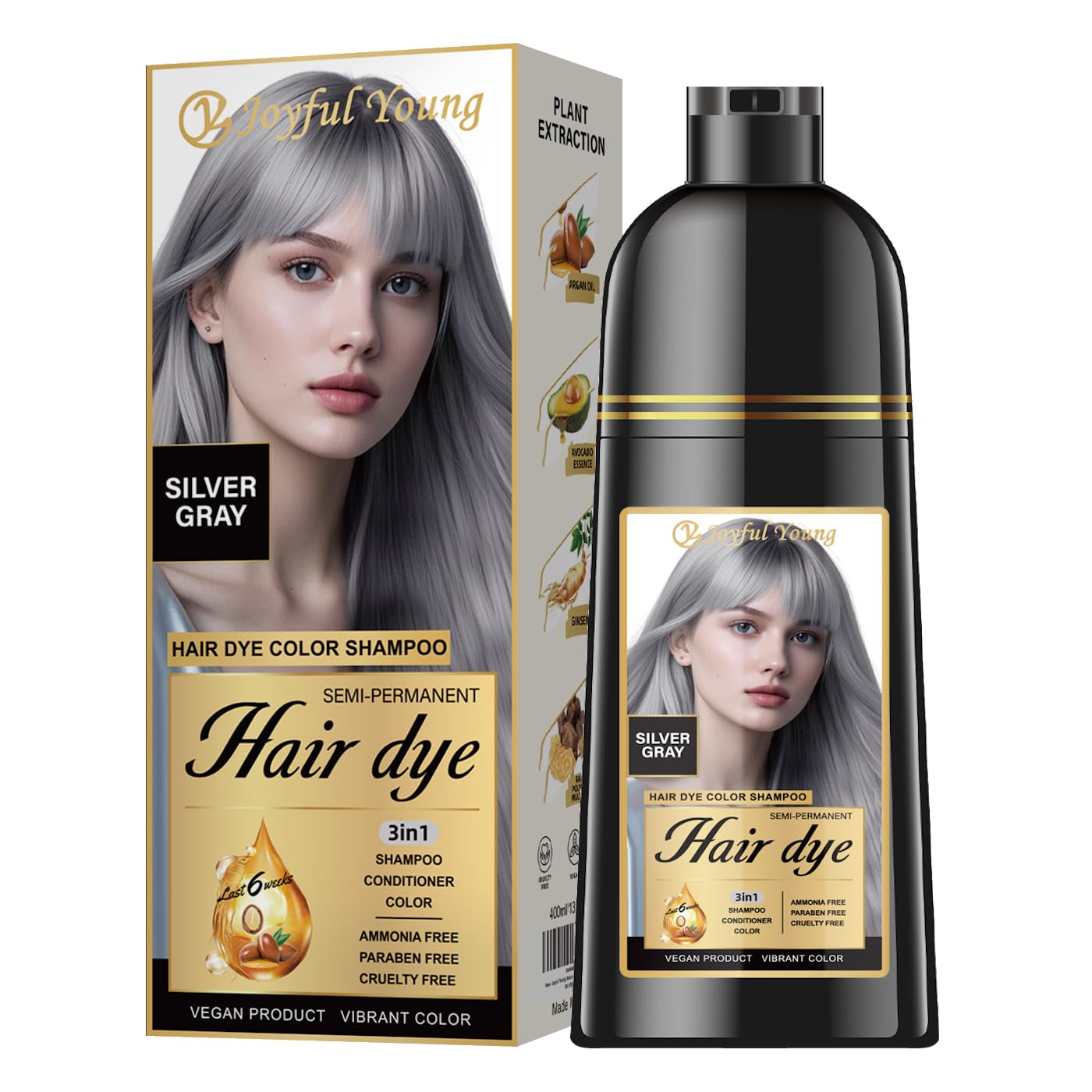 Joyful Young Shampoing Gris Argent — bouteille élégante pour rafraîchir les nuances et neutraliser les reflets jaunes.