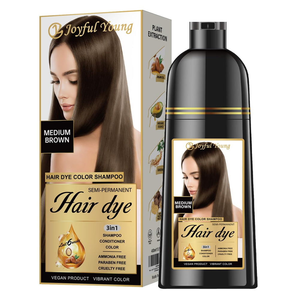 Joyful Young shampoo colorant 3-en-1 brun moyen, couverture grise naturelle.