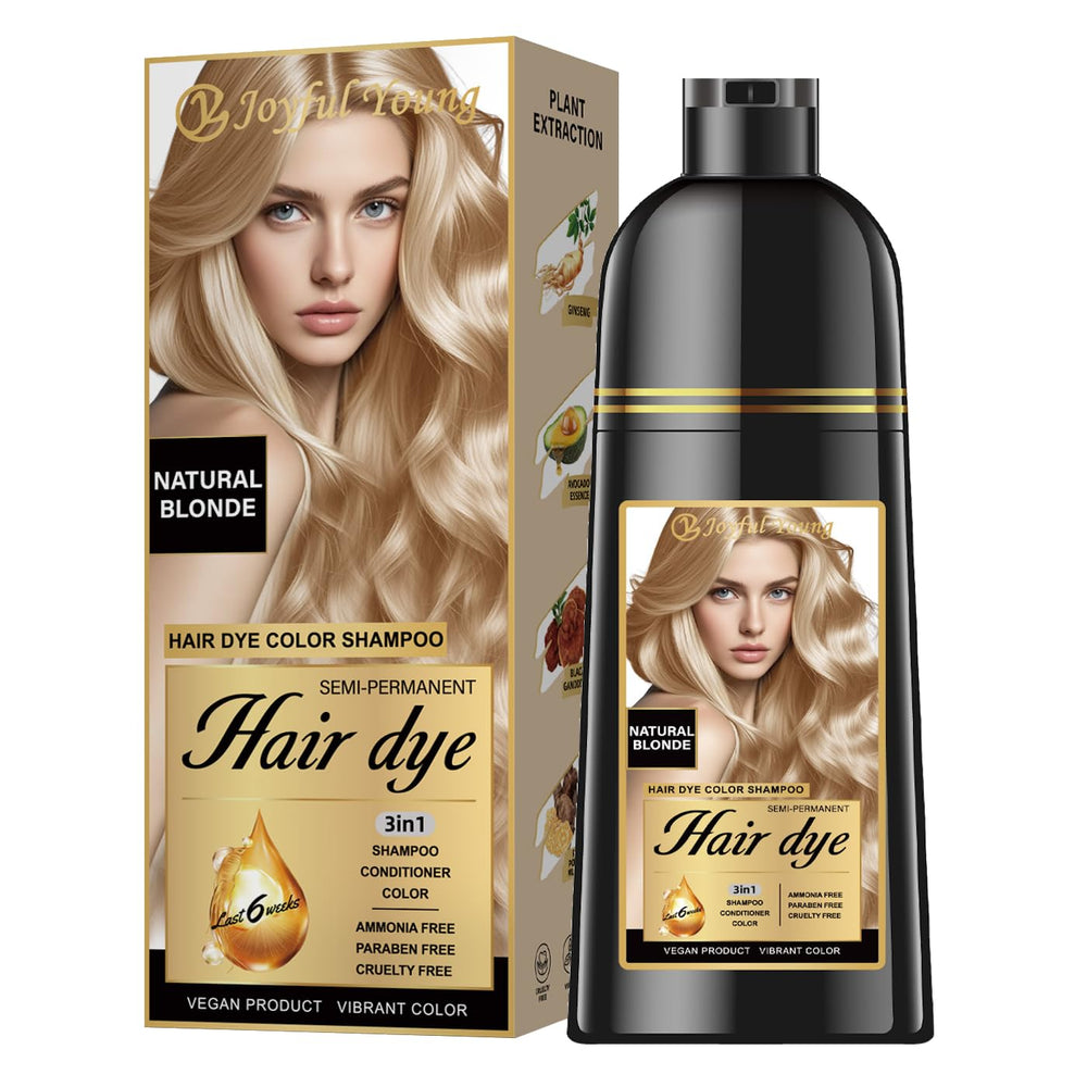 Joyful Young shampooing colorant blond naturel en flacon pour démêler et colorer légèrement.