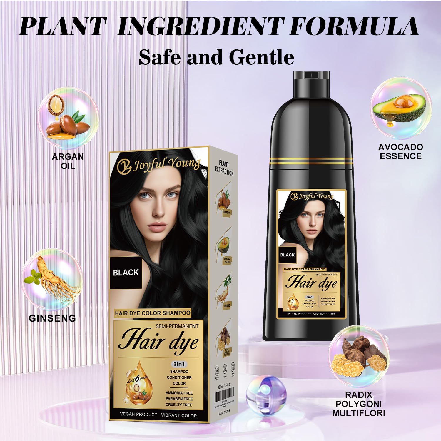 Joyful Young shampoo-colorant noir – application sur cheveux secs sans bol ni pinceau.