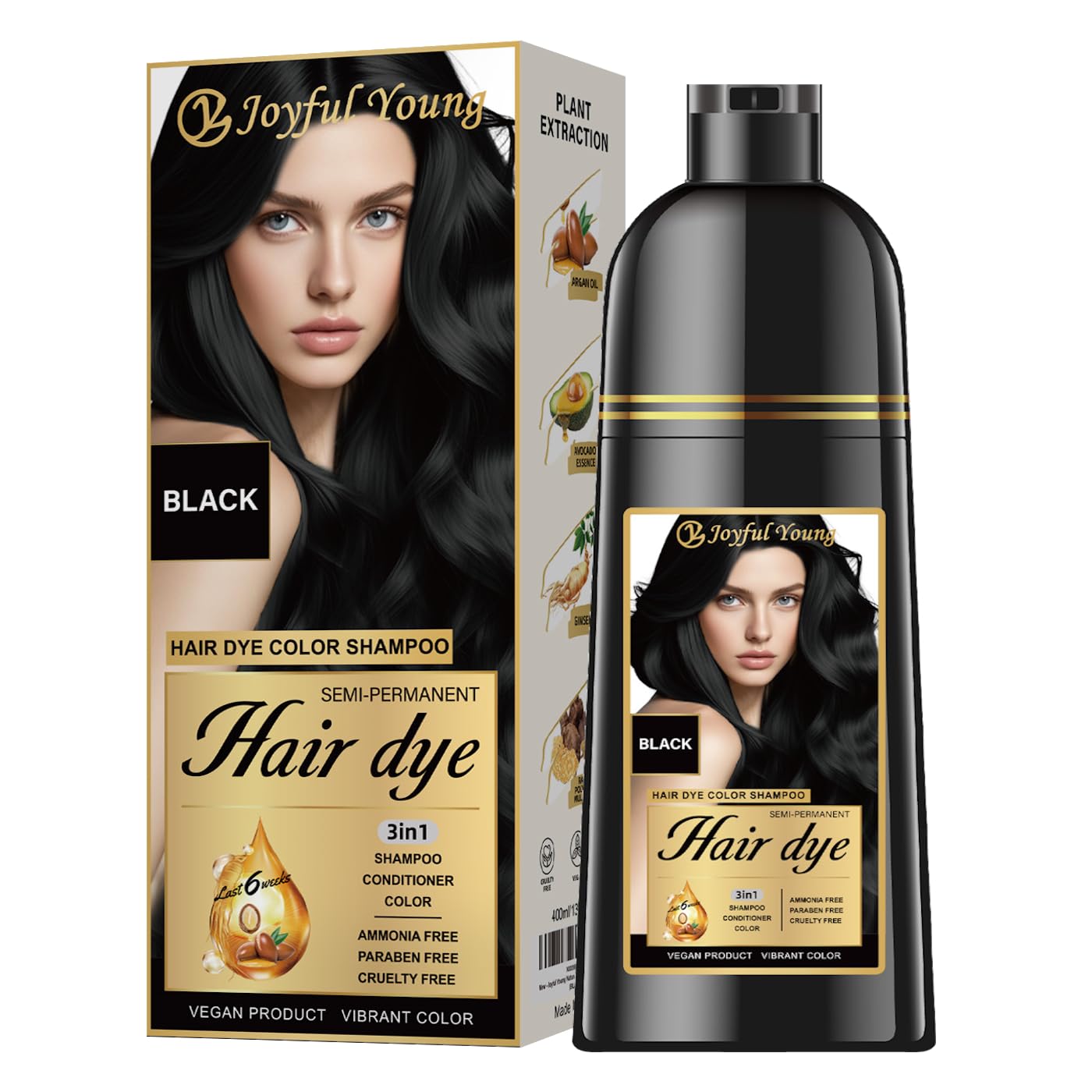 Joyful Young shampoo-colorant noir – couverture gris naturelle pour cheveux.