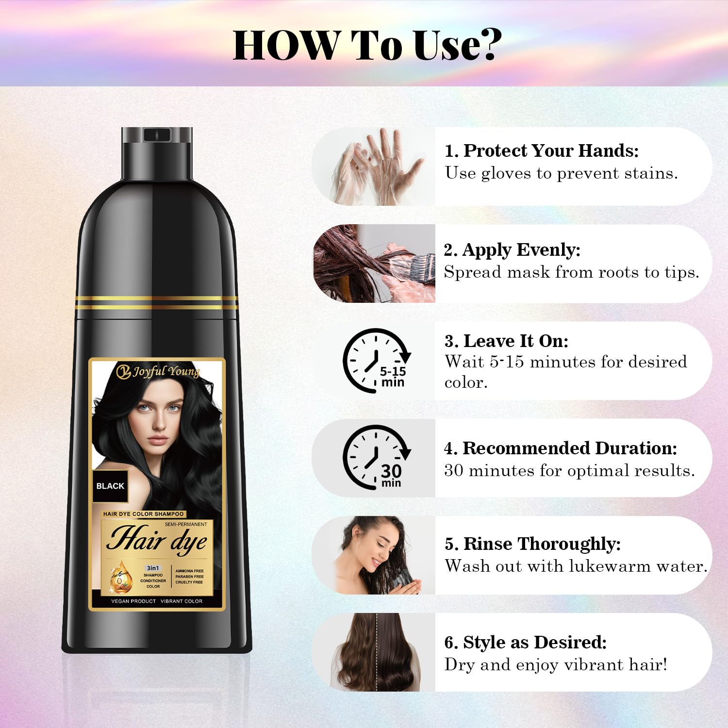 Joyful Young shampoo-colorant noir – soin 3-en-1 nettoie, colore et conditionne.
