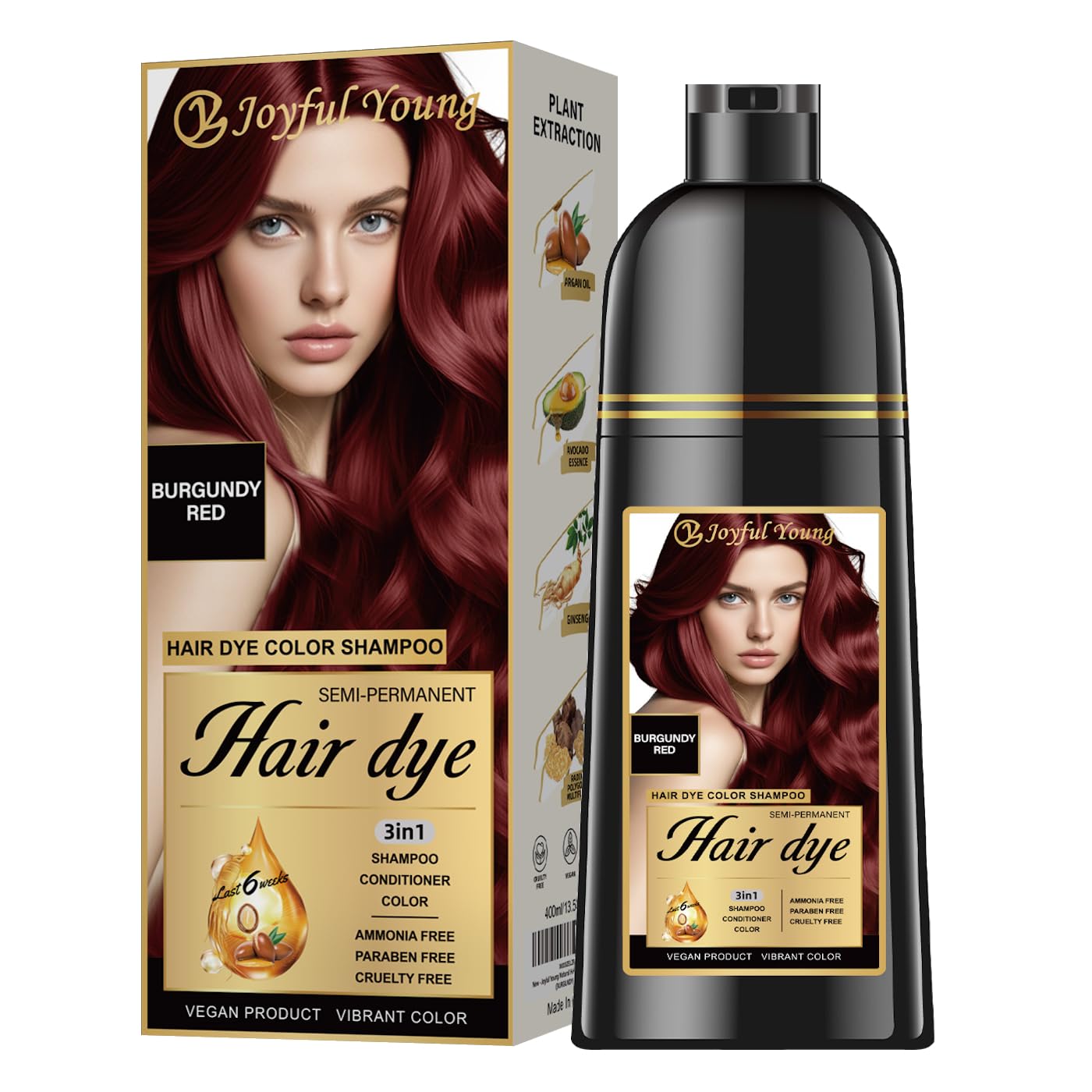 Joyful Young shampooing-colorant cheveux burgogne bouteille dépose couleur riche et naturelle.