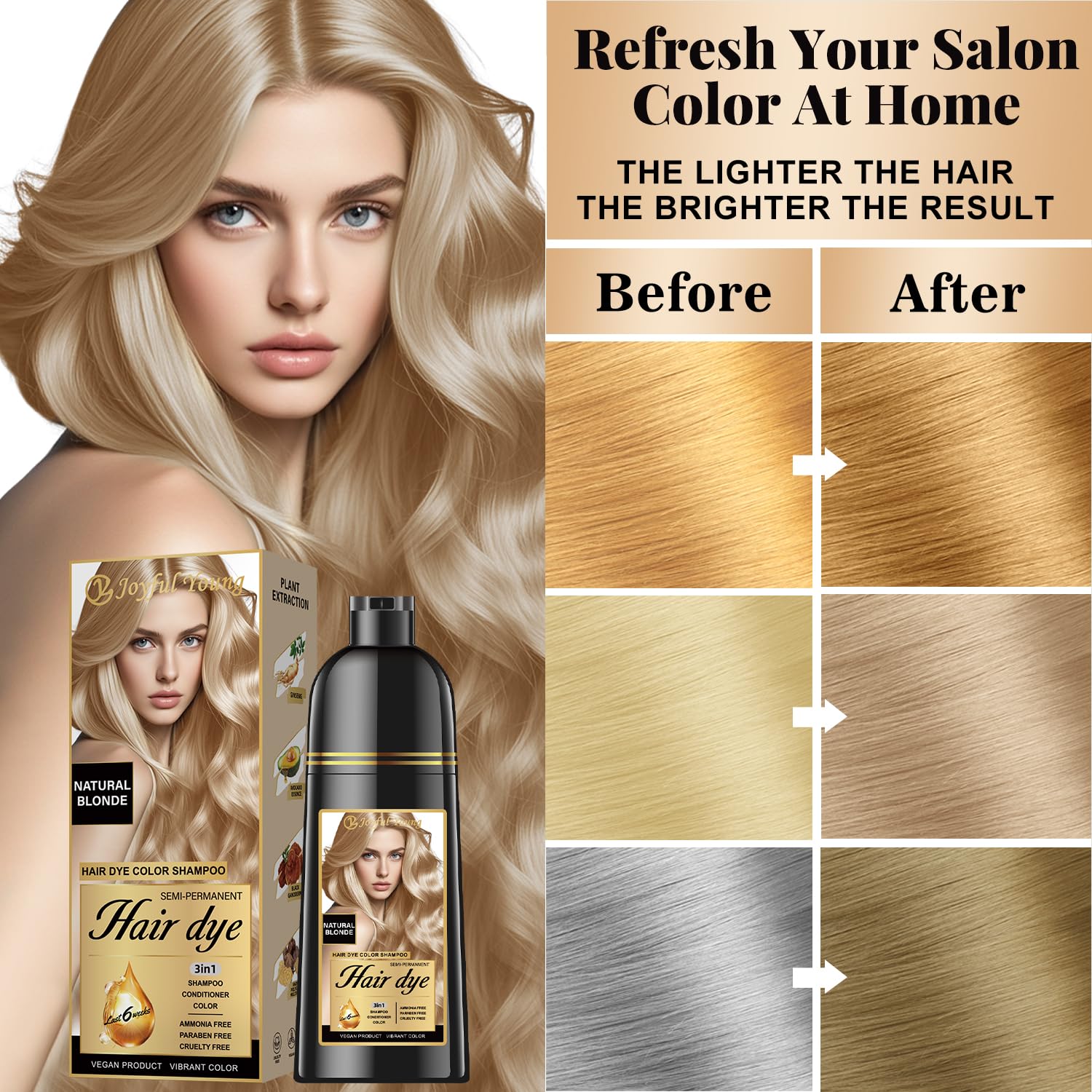 Joyful Young teinte blond subtile affichée après rinçage, camouflant légèrement les racines.