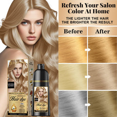 Joyful Young teinte blond subtile affichée après rinçage, camouflant légèrement les racines.