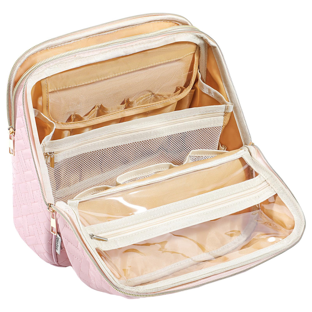 JOYYTUU Trousse maquillage grand format rose, idéale pour voyages et routine quotidienne.