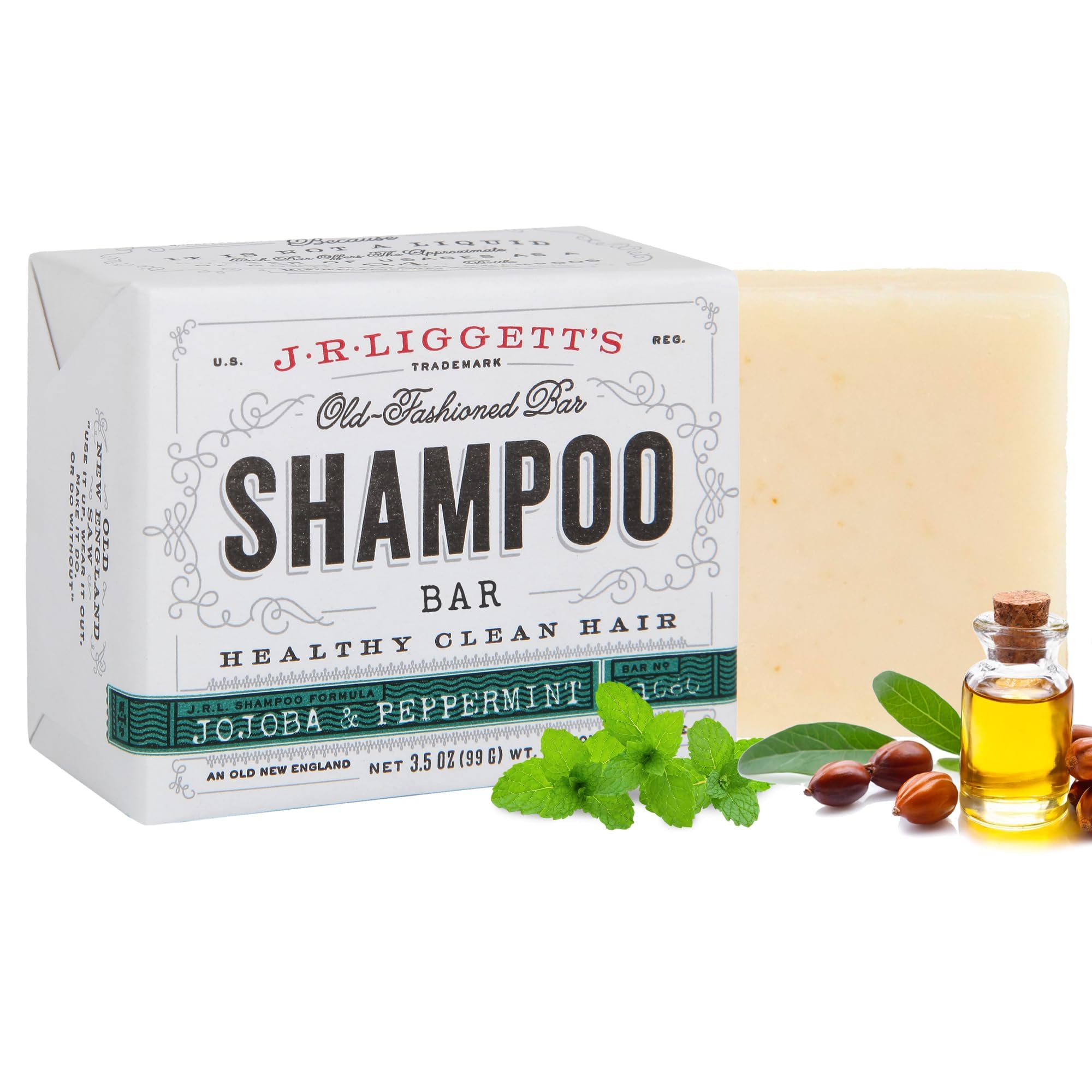 Shampoing-barre J·R·LIGGETT'S au jojoba et menthe, nettoyage doux pour cheveux.