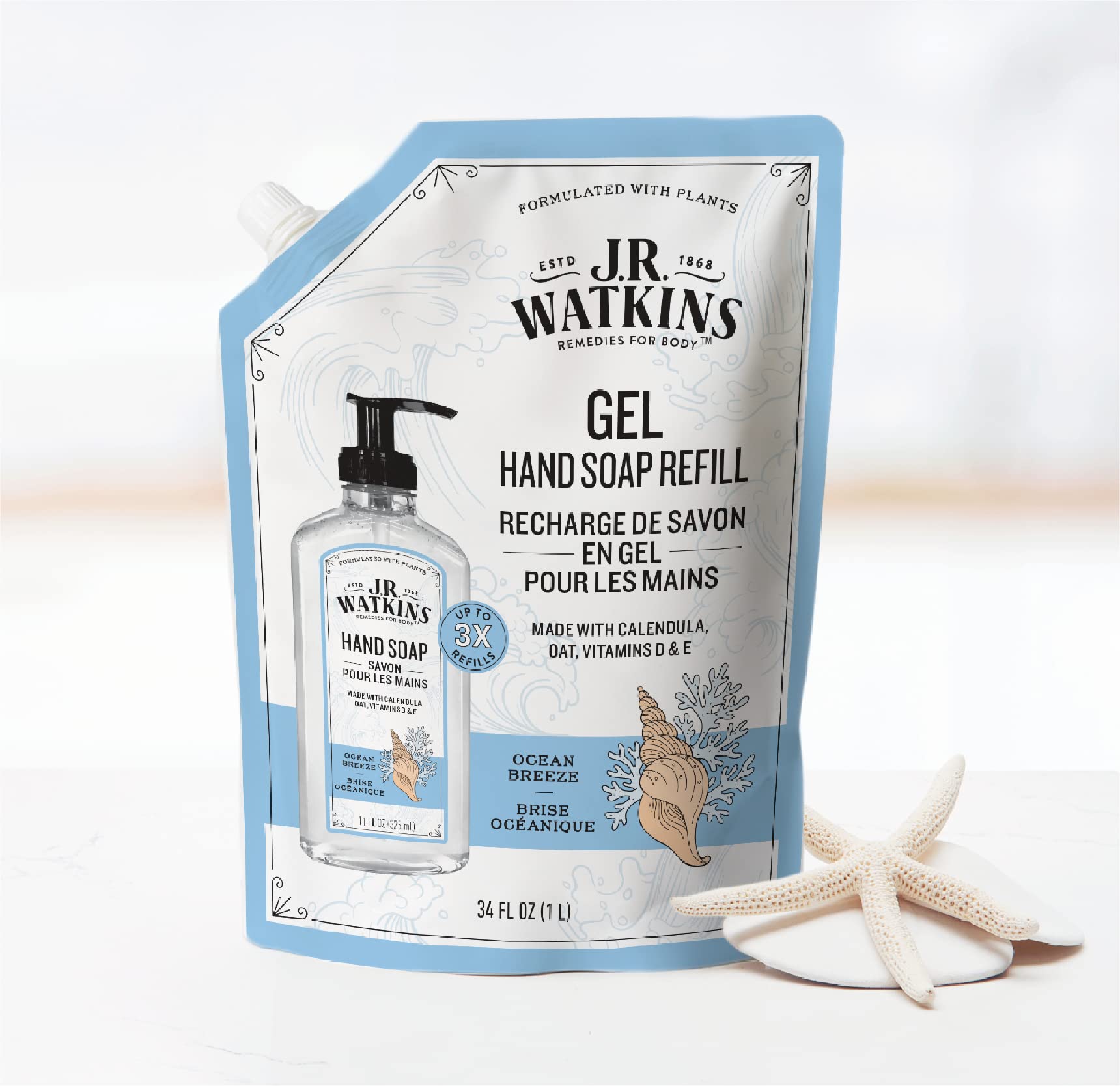 Étiquette Ocean Breeze J.R. Watkins, design élégant et parfum rafraîchissant