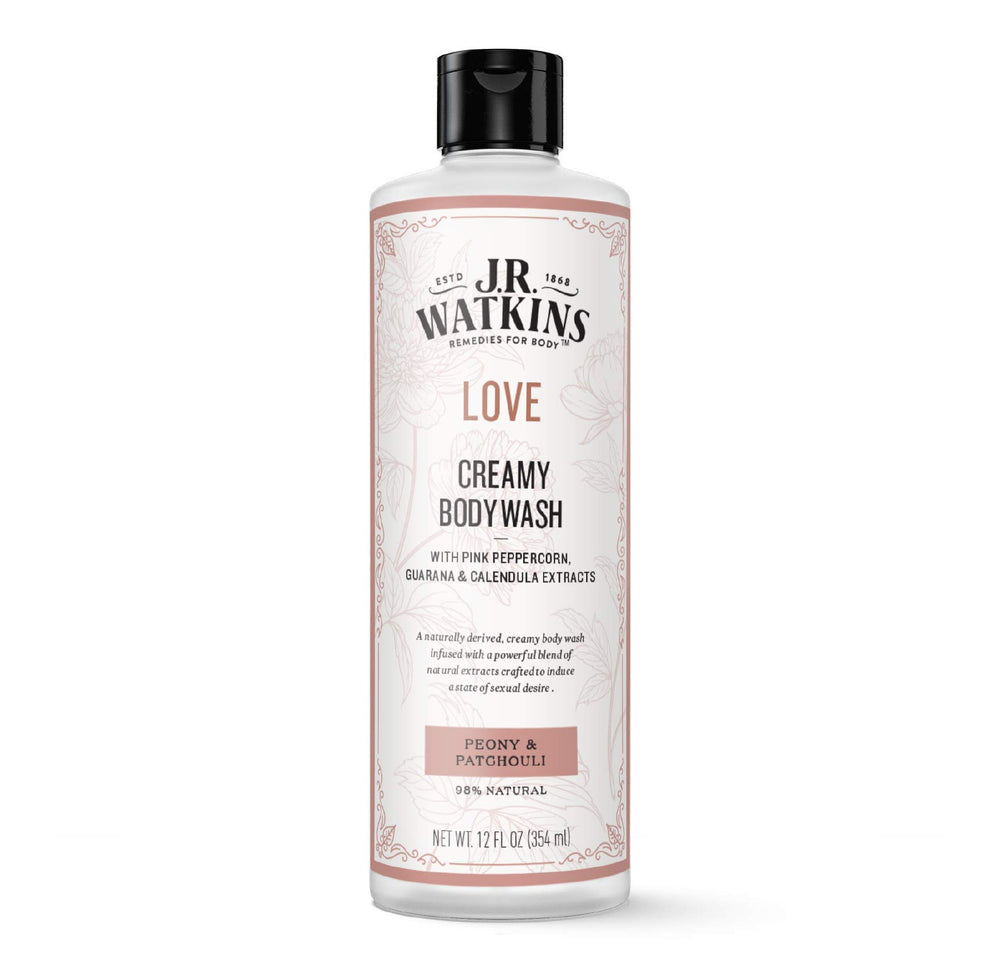 J.R. Watkins Love Gel Douche crémeux, bouteille Peony Patchouli, nettoyage doux et nourrissant