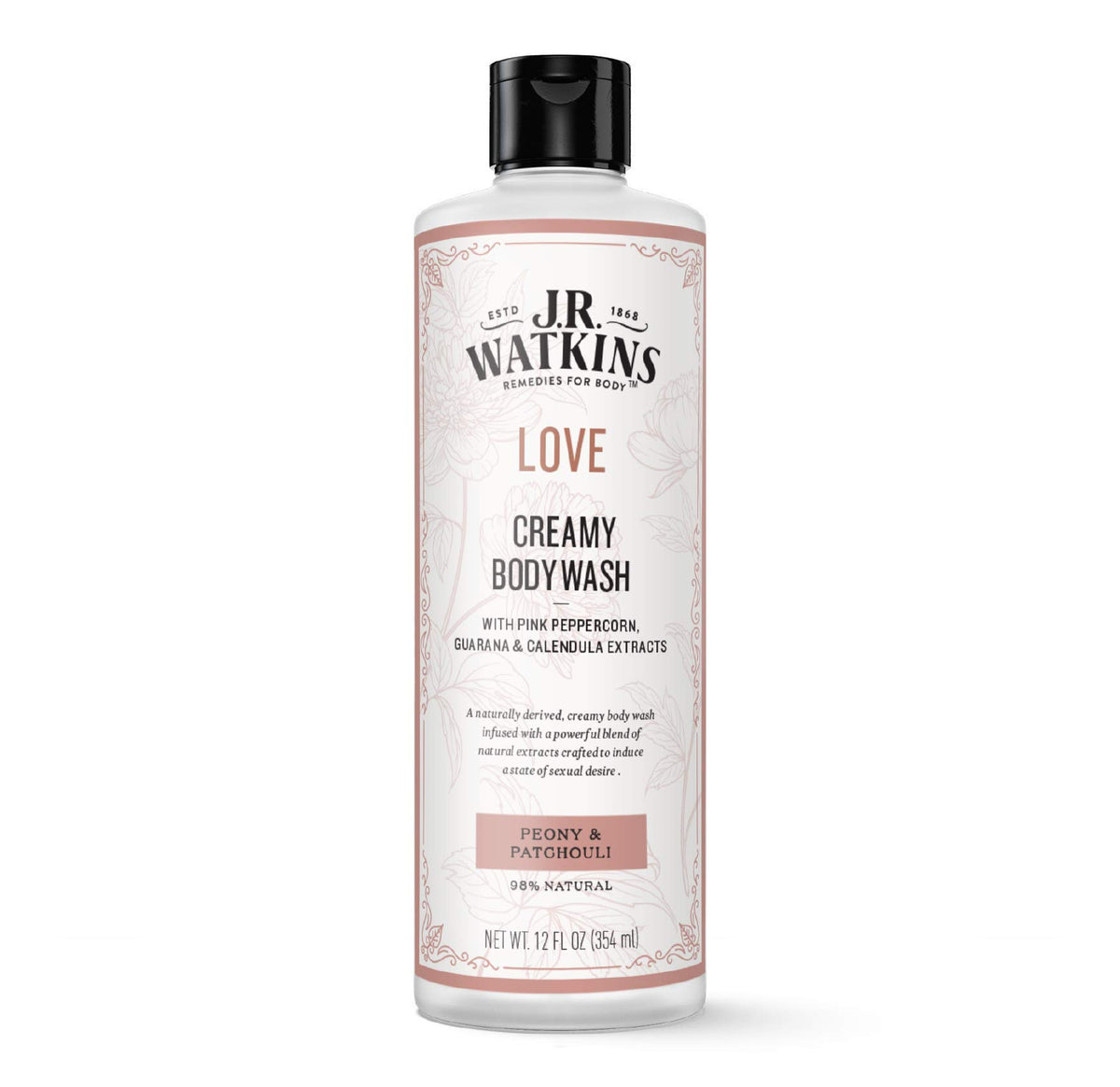 J.R. Watkins Love Gel Douche crémeux, bouteille Peony Patchouli, nettoyage doux et nourrissant
