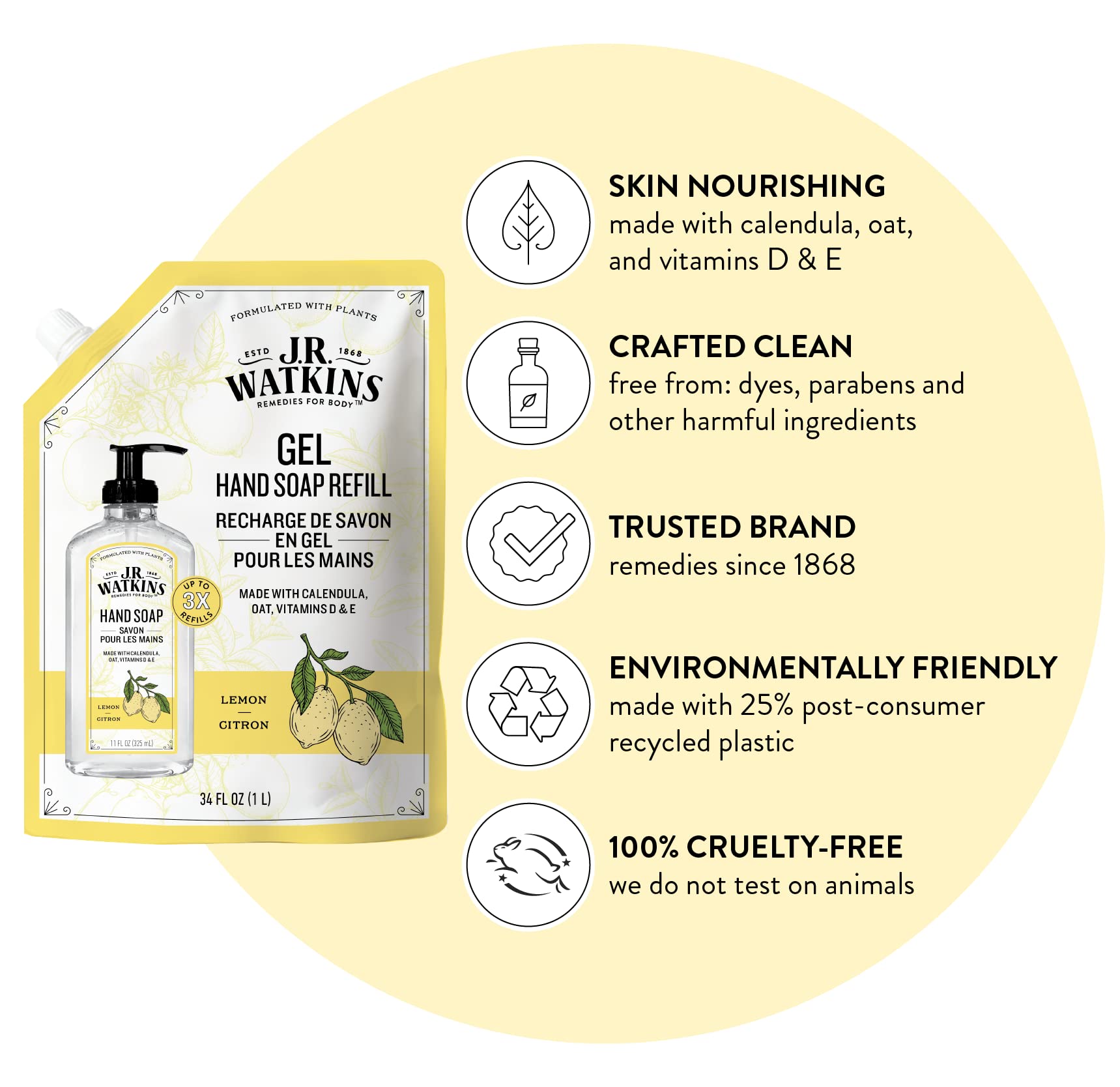 Recharge poche citron J.R. Watkins: économie et parfum frais pour le savon