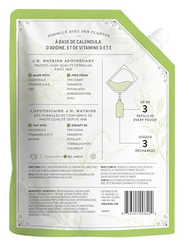 Sachet recharge savon mains J.R. Watkins, emballage recyclable et facile à ranger.
