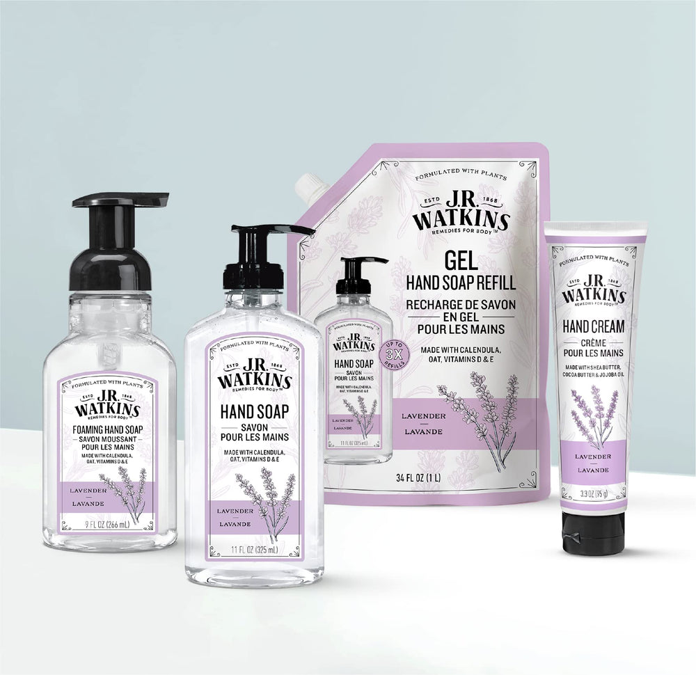 Flacon pompe pratique pour savon mousse J.R. Watkins lavande, usage quotidien.