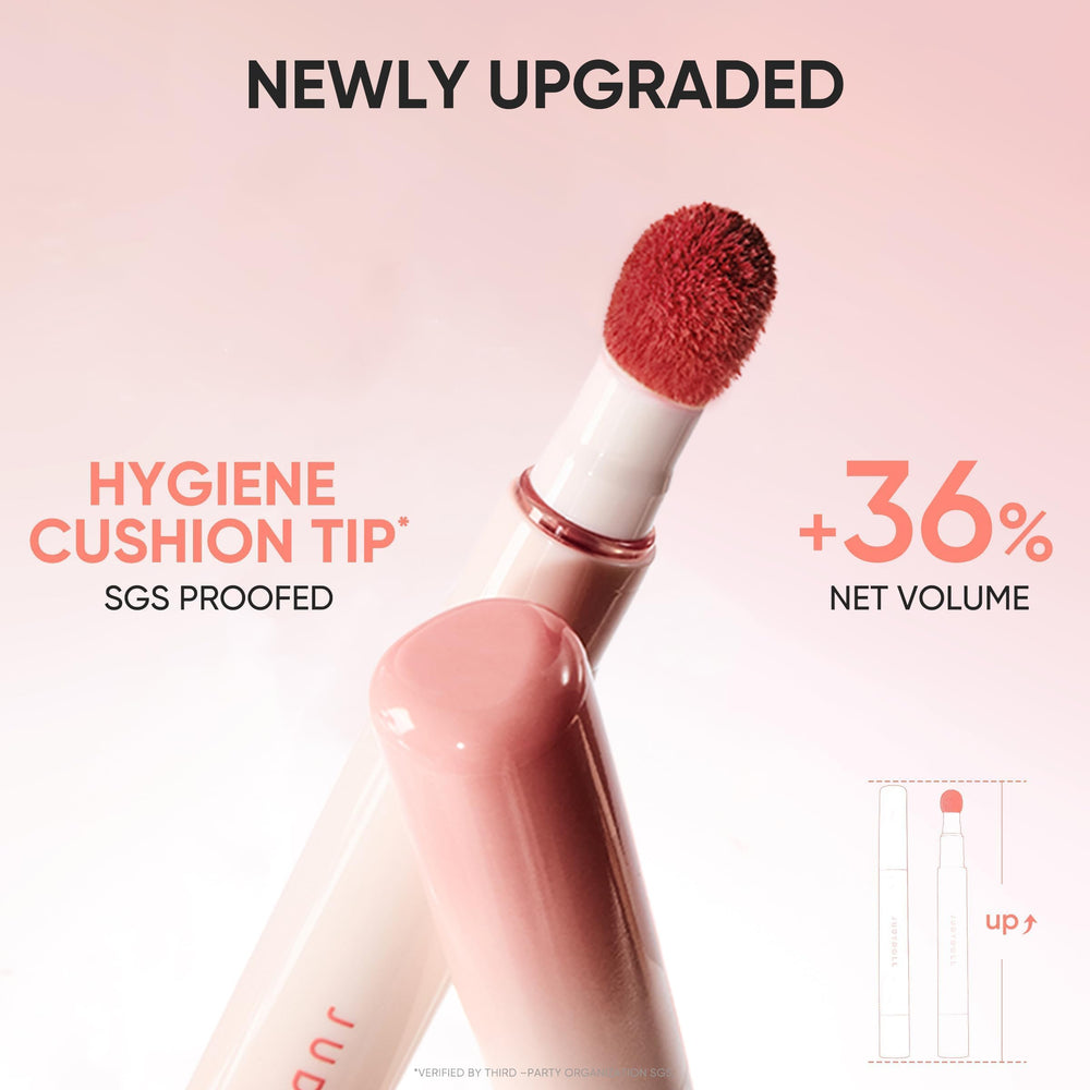 JUDYDOLL Cushion Matte Lip Cream tripeptide ingredients highlighted on packaging.