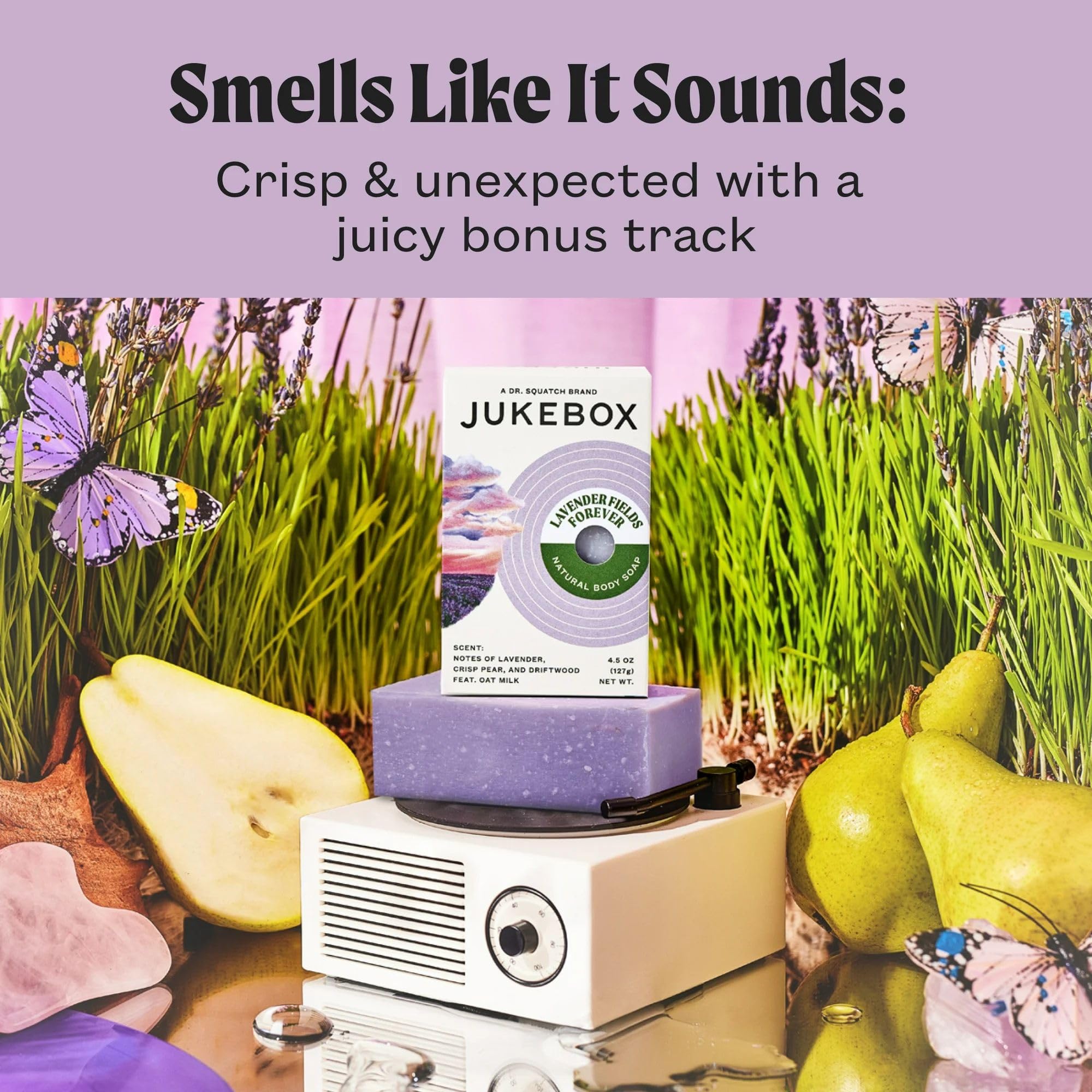 JUKEBOX Lavender Fields Forever scent notes include lavender, pear, driftwood for a soothing ritual.