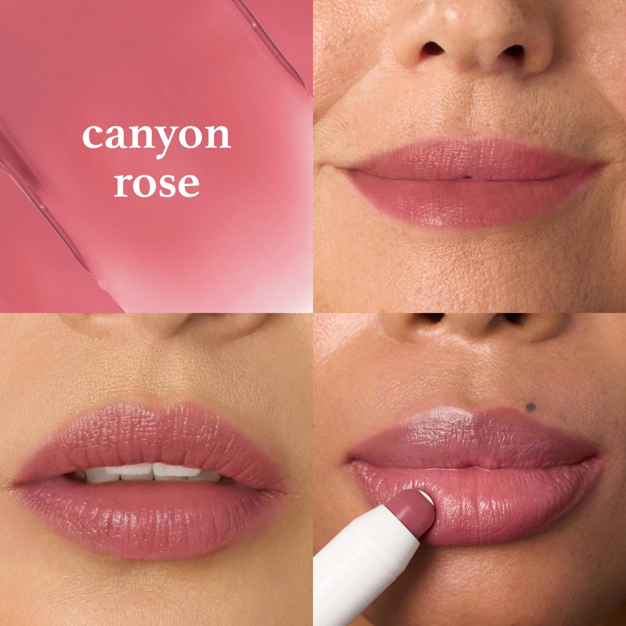 Julep baume-teint Canyon Rose sur les lèvres, fini brillant naturel.