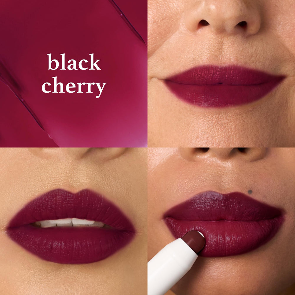 Application rapide de la teinte cerise noire Julep sur les lèvres.