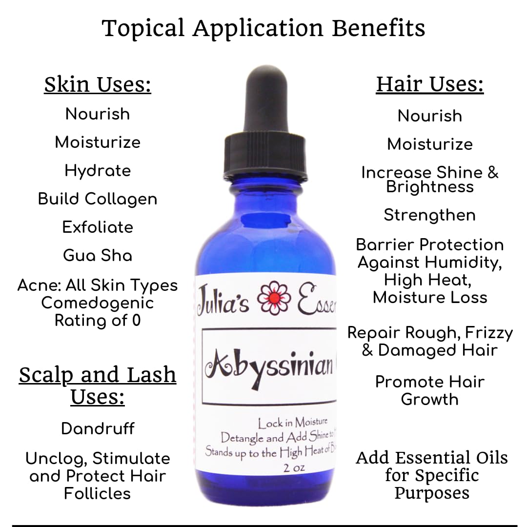 Julia's Essentials gouttes huile abyssinienne, application légère et absorption rapide.