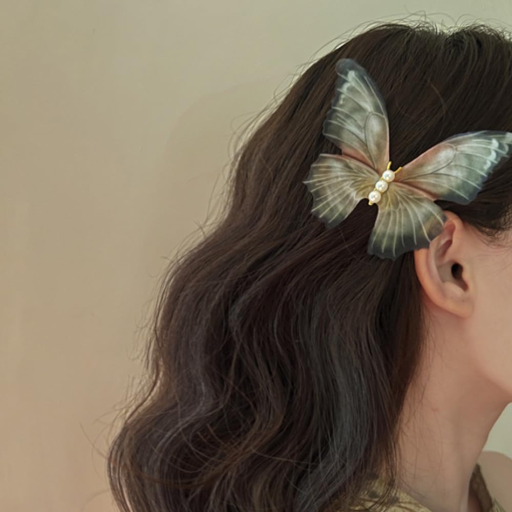 Jumwrit barette papillon vert boho avec perle, idéale au quotidien.
