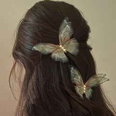 Jumwrit barette papillon vert avec perles et ailes 3D, parfait pour les occasions.