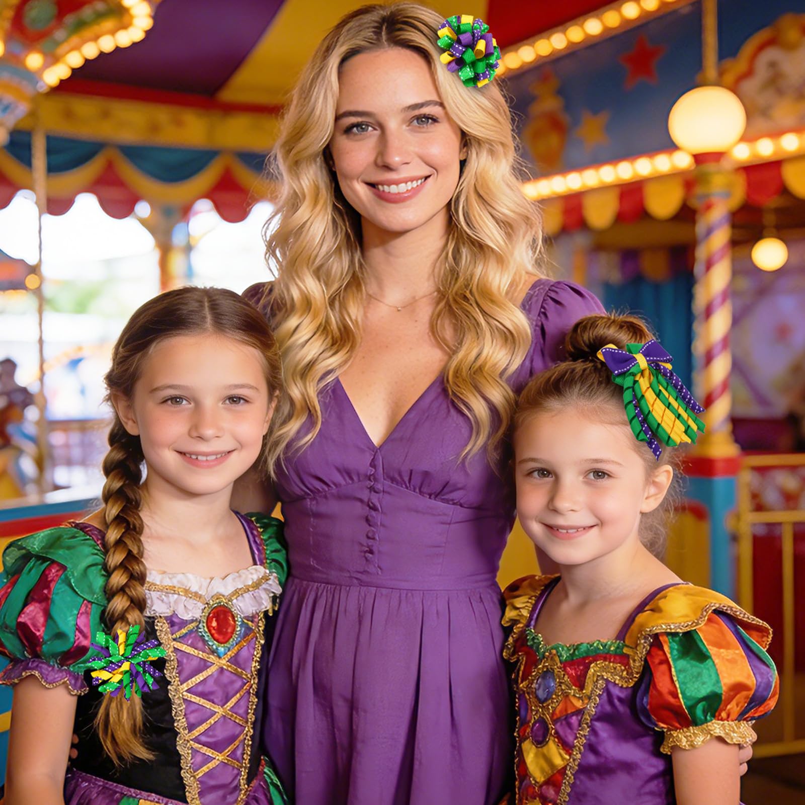 Nœud JUNEBRUSHS Mardi Gras rubans violet jaune vert prêt à porter