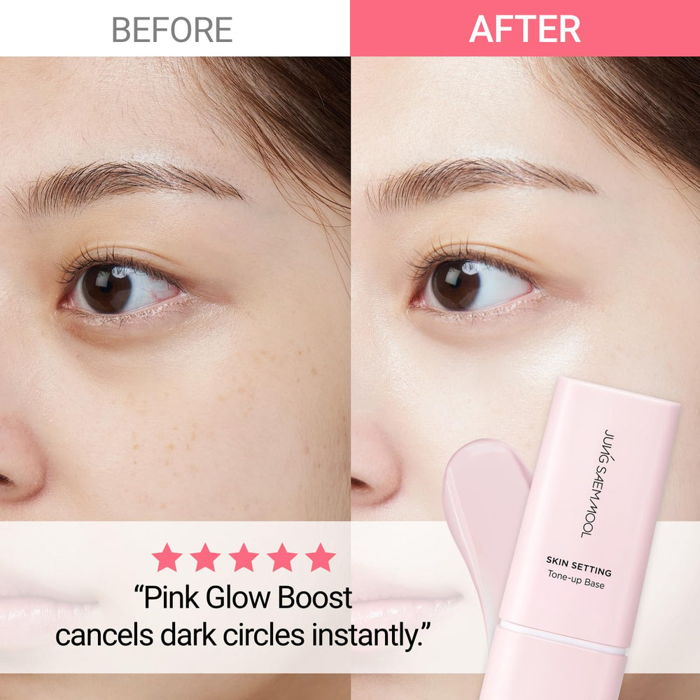 Jung Saem Mool Skin Setting Tone Up Base, teinte rosée illumine les traits.