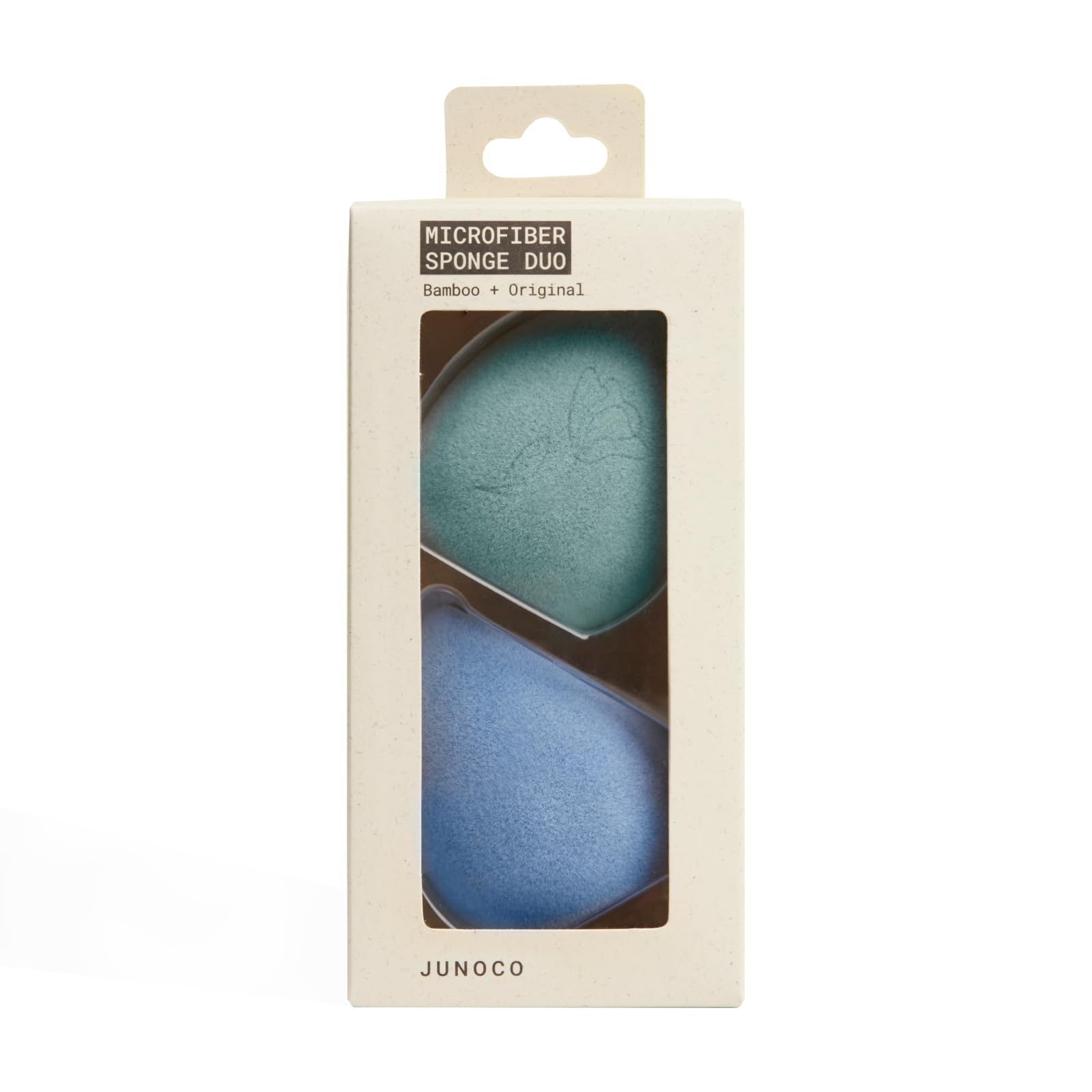 Eponge JUNO & Co. microfibre double couche bleue, application uniforme du fond de teint.
