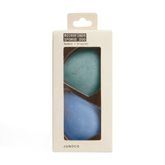 Eponge JUNO & Co. microfibre double couche bleue, application uniforme du fond de teint.