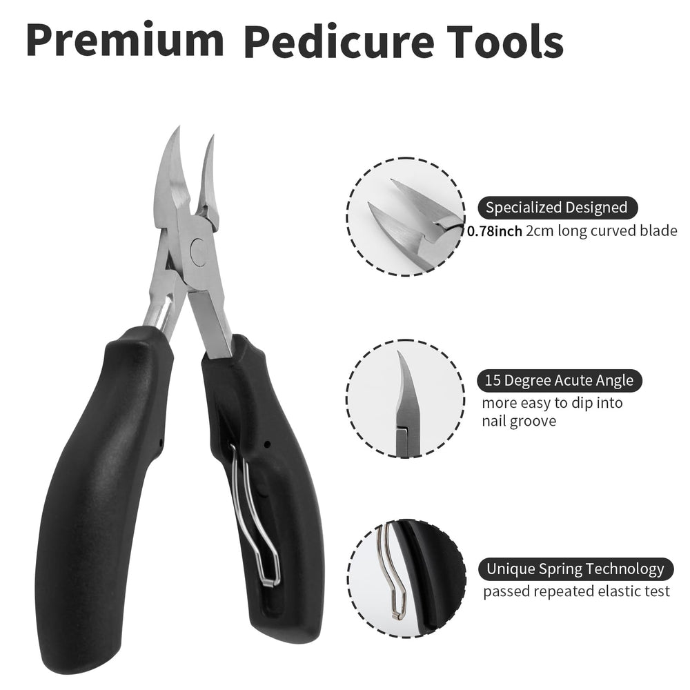 Juomid coupe-ongles inclinés pour accès facilité au contour.