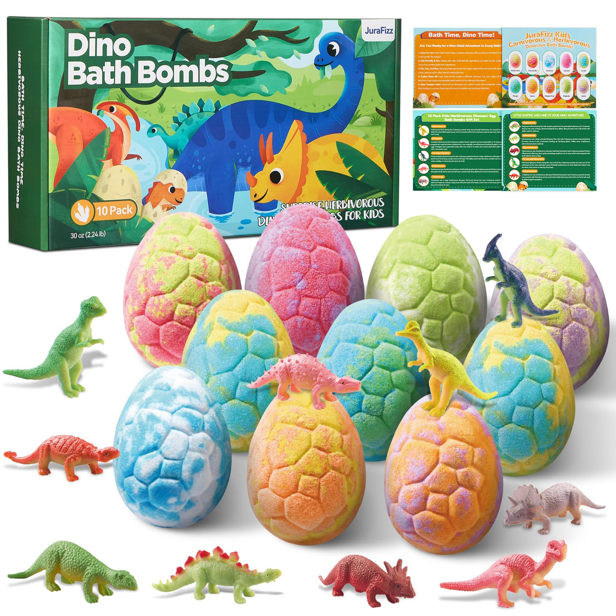 JuraFizz dinosaur bath bombs pack front with colorful fizz for kids' bath time