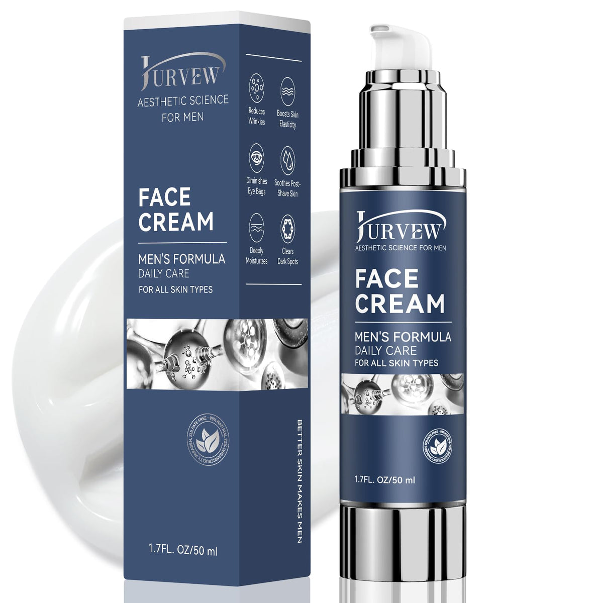 Crème Jurvew 6-en-1 pour homme, flacon élégant, hydratation durable.