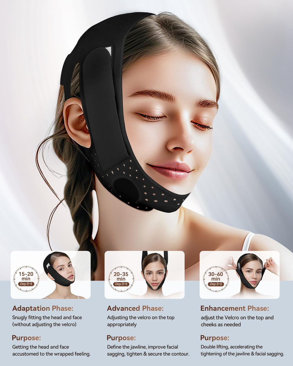 JUSMORE masque menton 3D, relief des oreilles et confort durable.