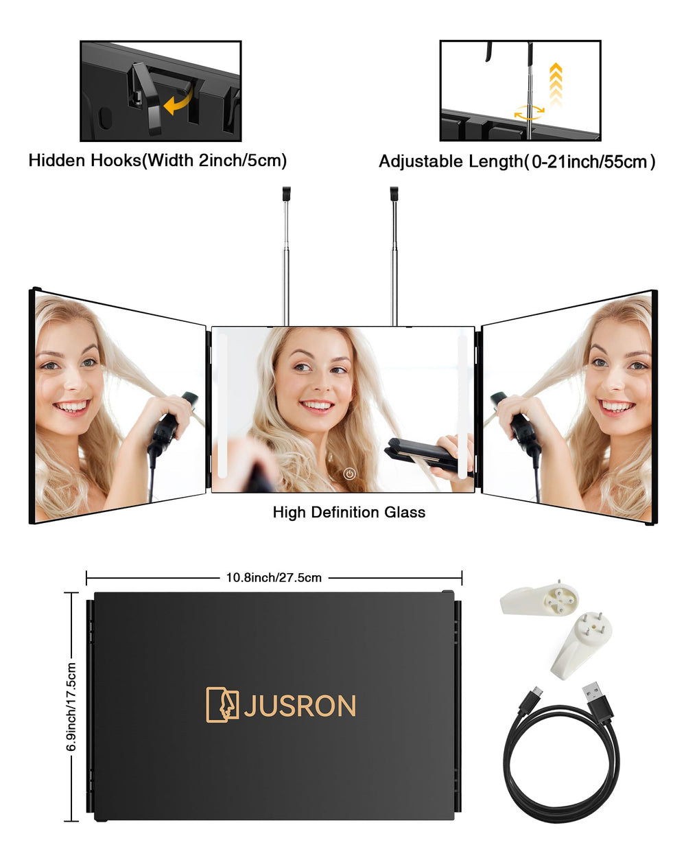 Miroir JUSRON: installation facile avec trois modes d’utilisation.