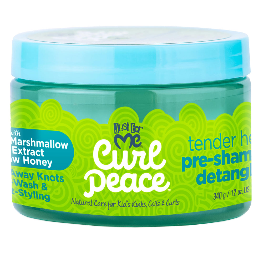 Just For Me Curl Peace detangler bottle back with ingredients and safety notes