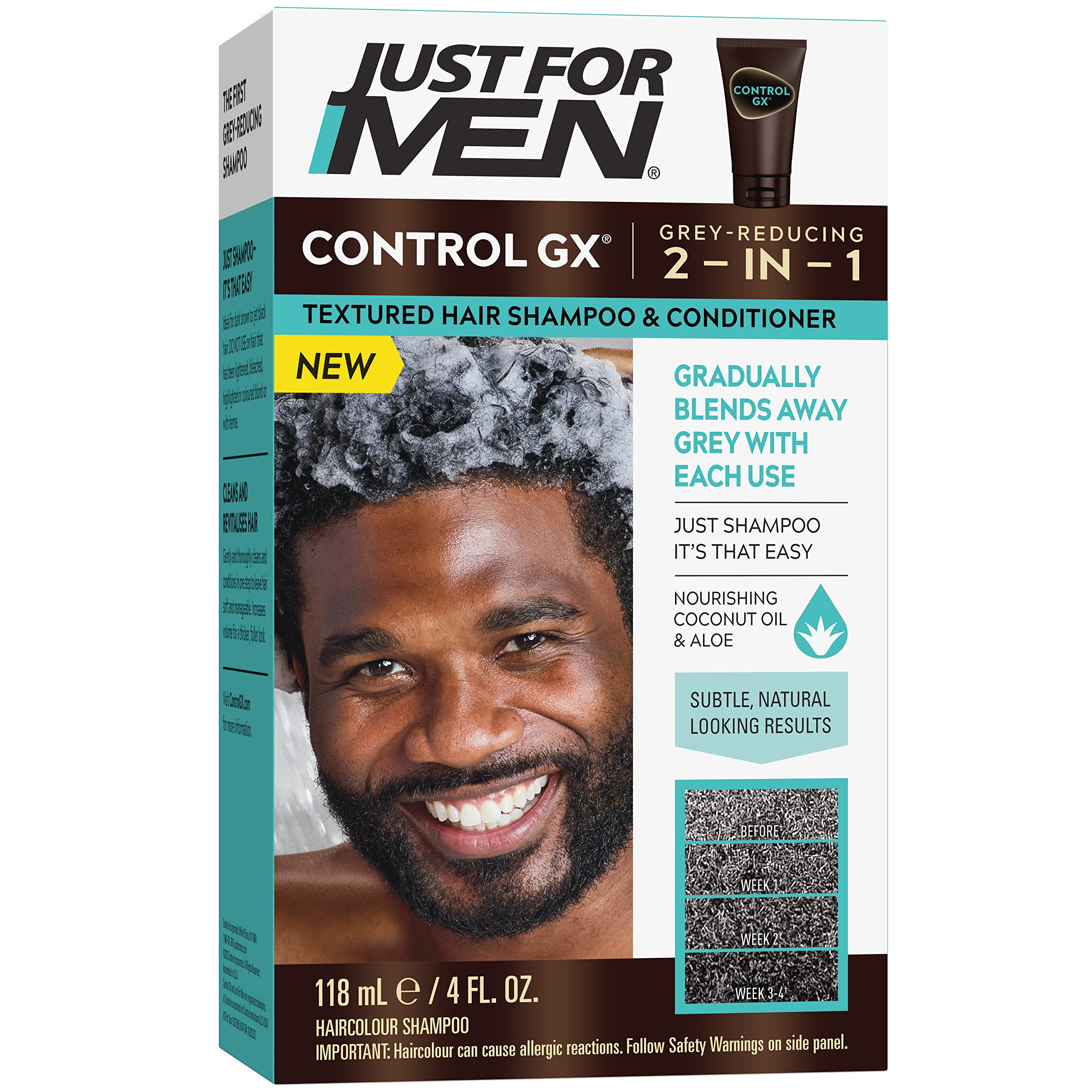 Just for Men Control GX bottle pour shows easy application and gradual grey reduction.