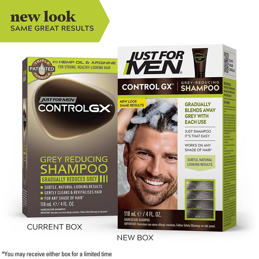 Just for Men Control GX brand logo highlights trusted grey-reducing heritage.