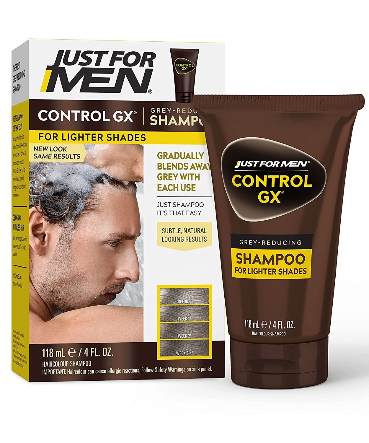 Just for Men Control GX grey reducing shampoo bottle on sink for subtle color change.