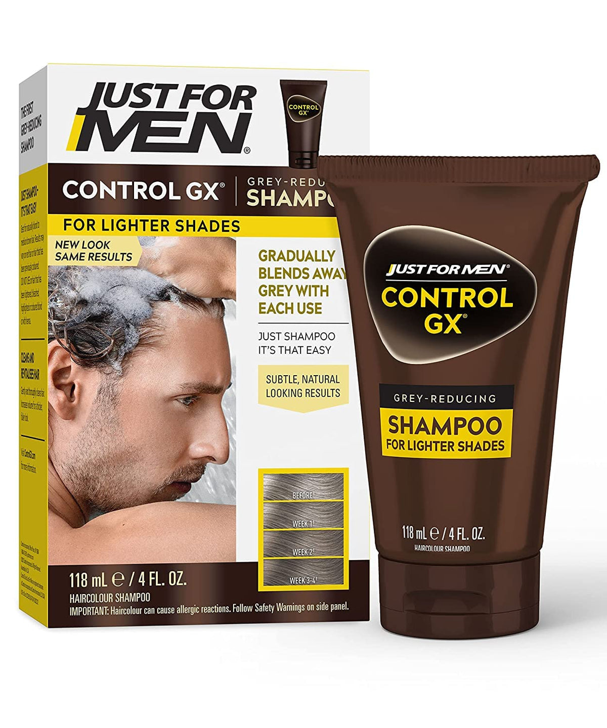 Just for Men Control GX grey reducing shampoo bottle on sink for subtle color change.