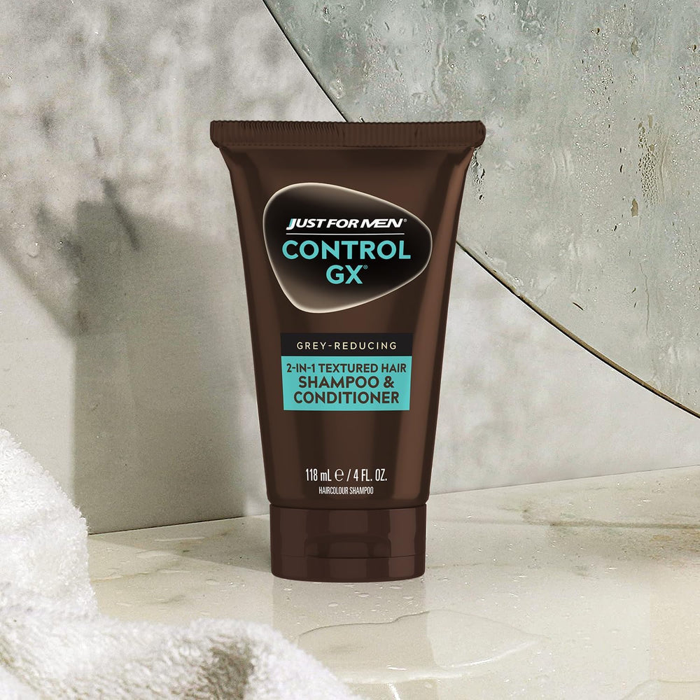 Just for Men Control GX packaging label emphasizes keratin and coconut oil benefits.