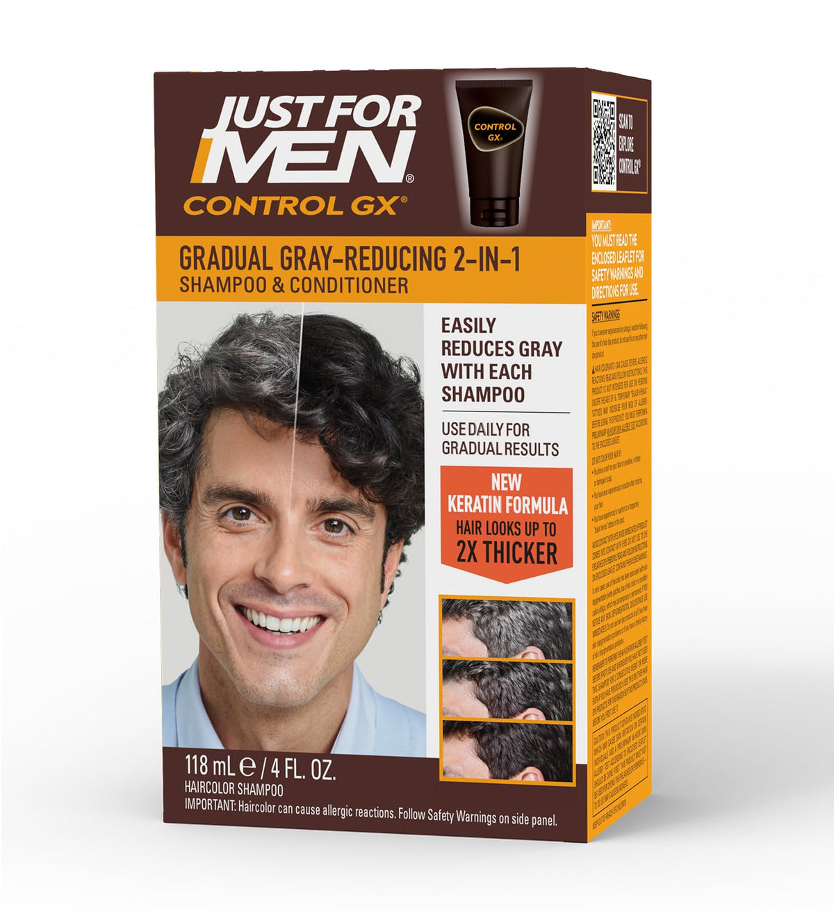Just for Men Control GX, bouteille, réduction progressive des cheveux gris avec chaque lavage.