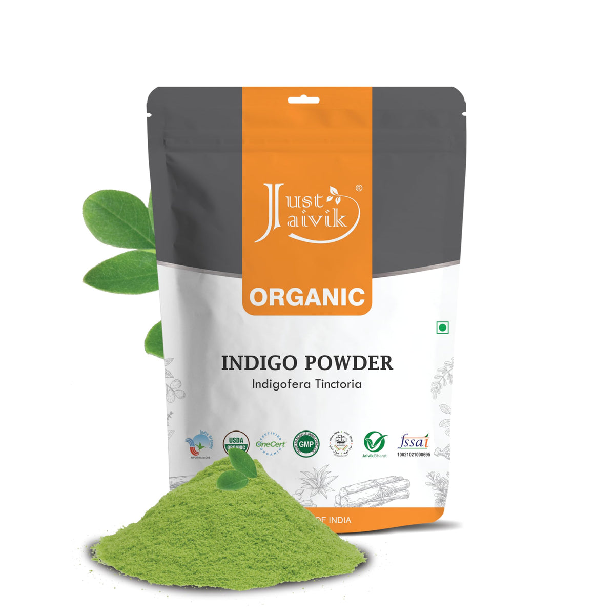 Just Jaivik Indigo en poudre dans un pot prêt pour coloration naturelle des cheveux