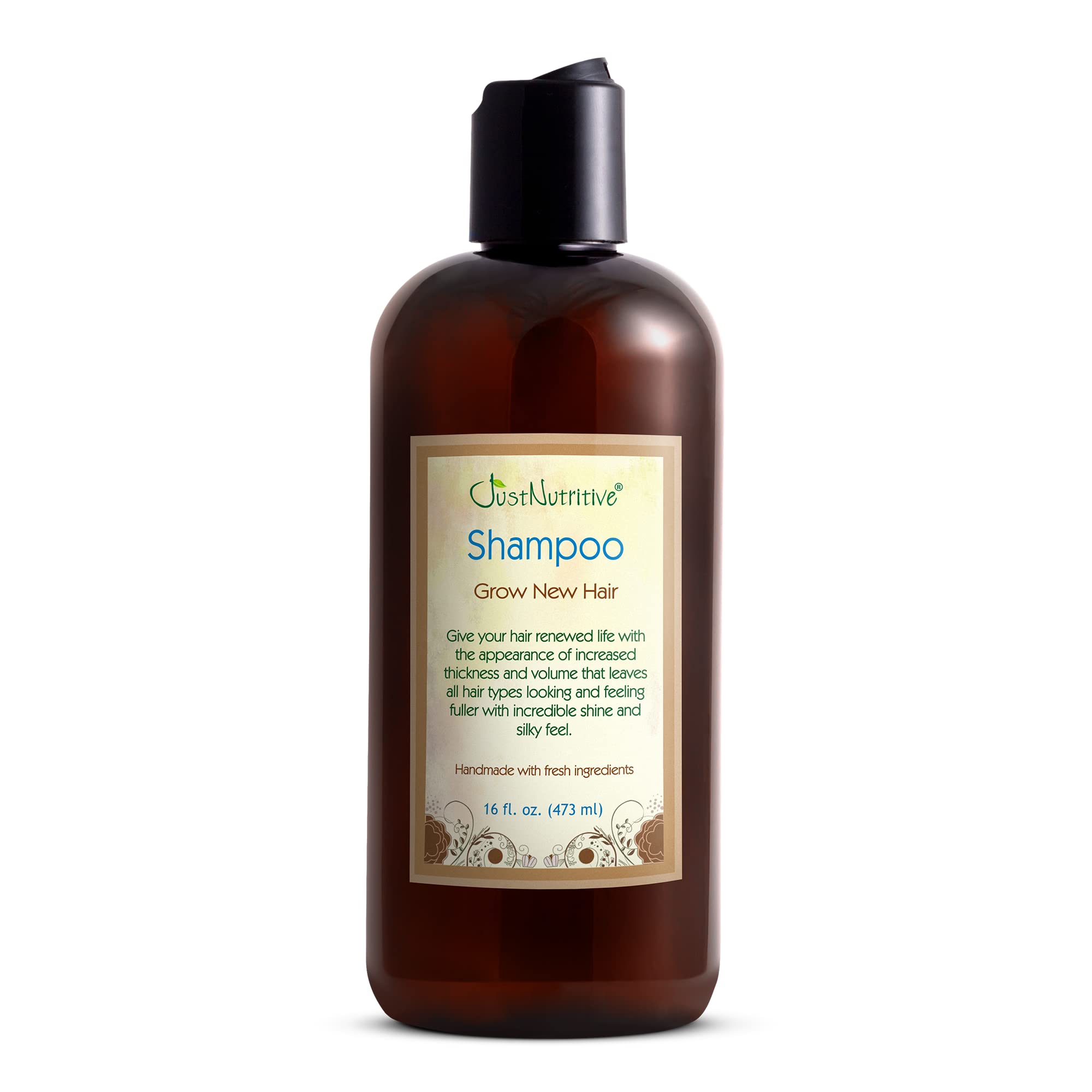 Just Nutritive Shampooing croissance-cheveux — bouteille et versement pour nourrir le cuir chevelu.