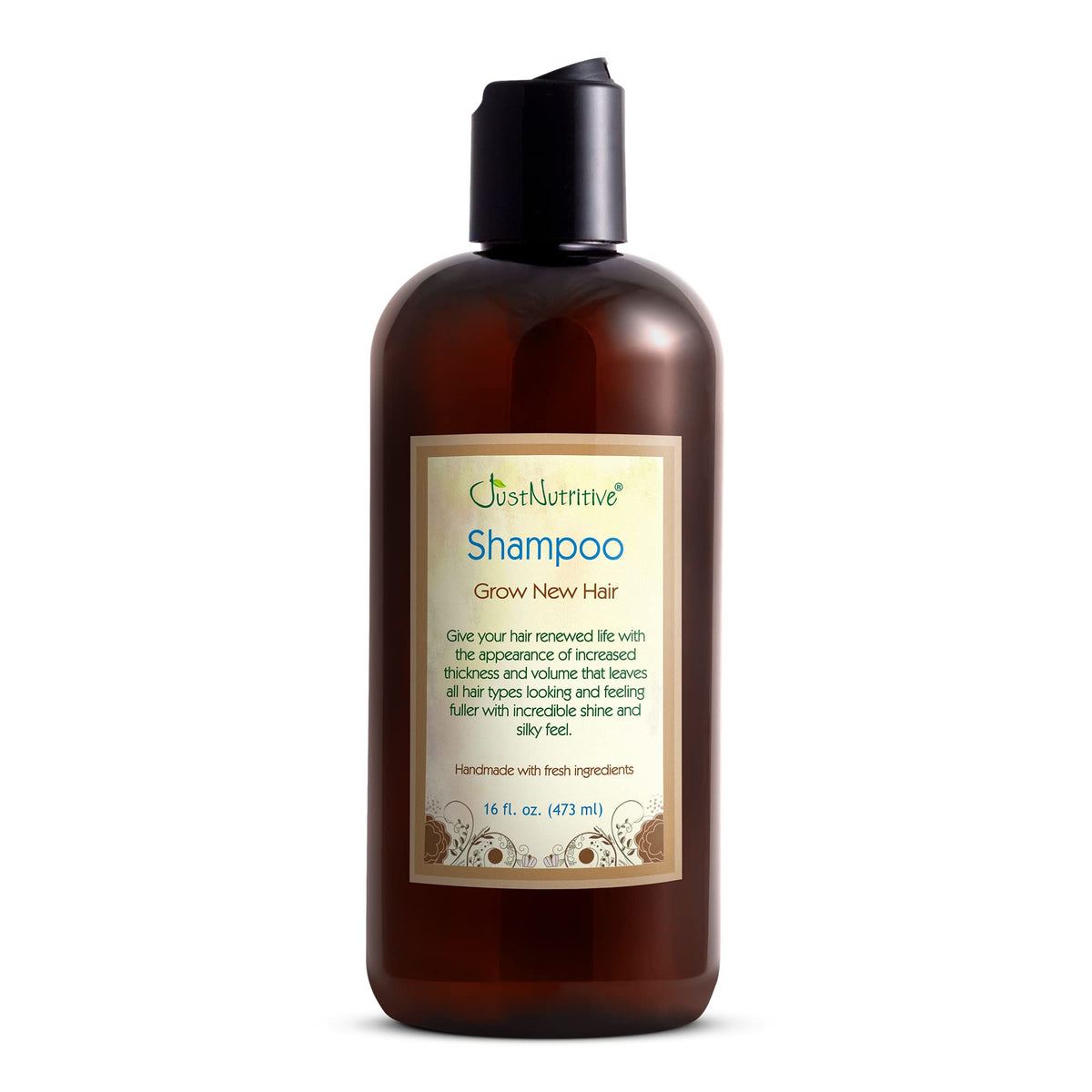 Just Nutritive Shampooing croissance-cheveux — bouteille et versement pour nourrir le cuir chevelu.