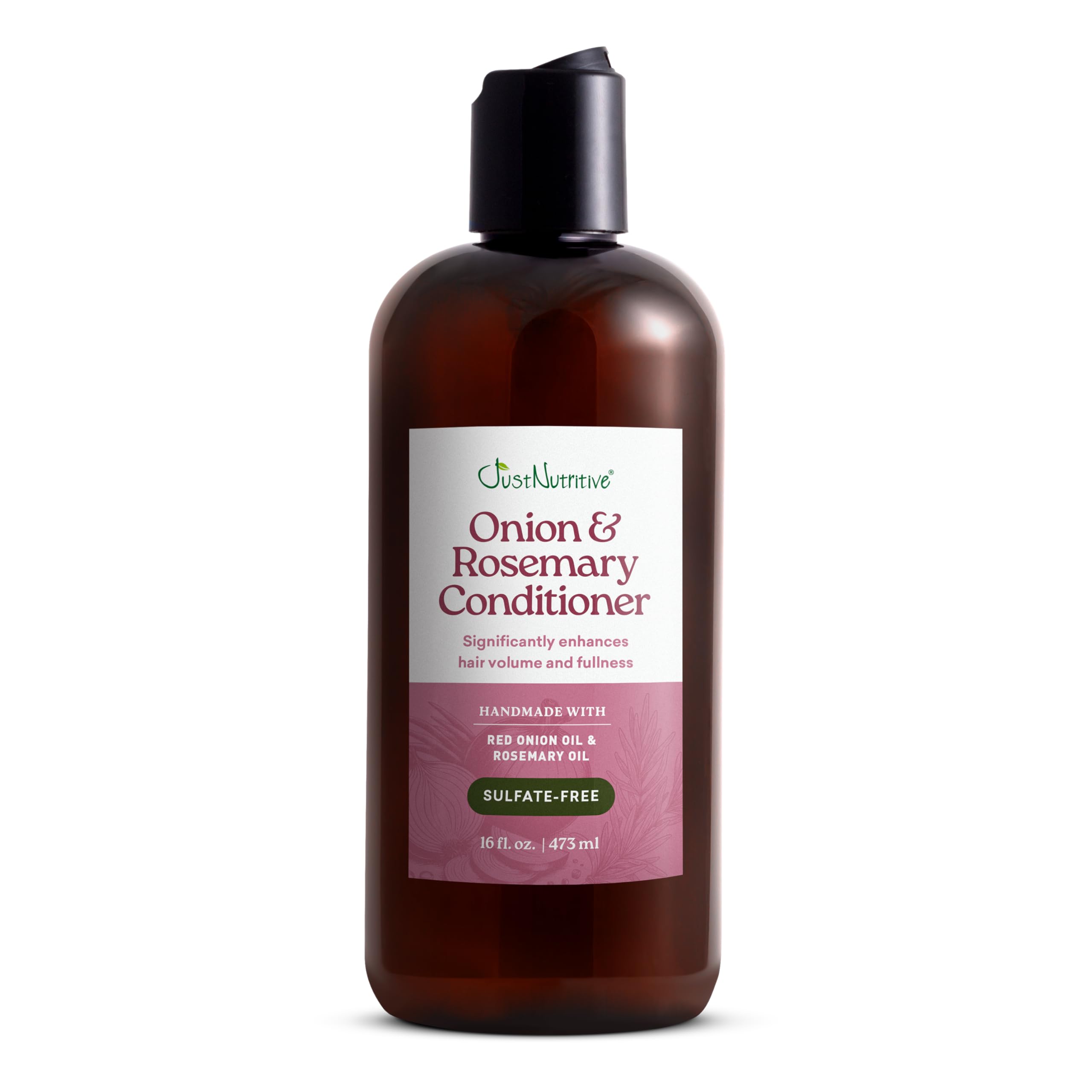 Just Nutritive Conditionneur Oignon et Romarin – flacon visible, cheveux visiblement volumineux.