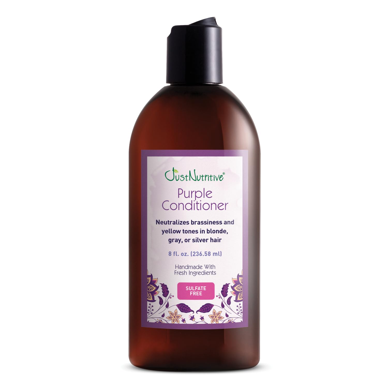 Just Nutritive Conditionneur Violet, bouteille élégante, neutralise les reflets jaunes et hydrate les cheveux.