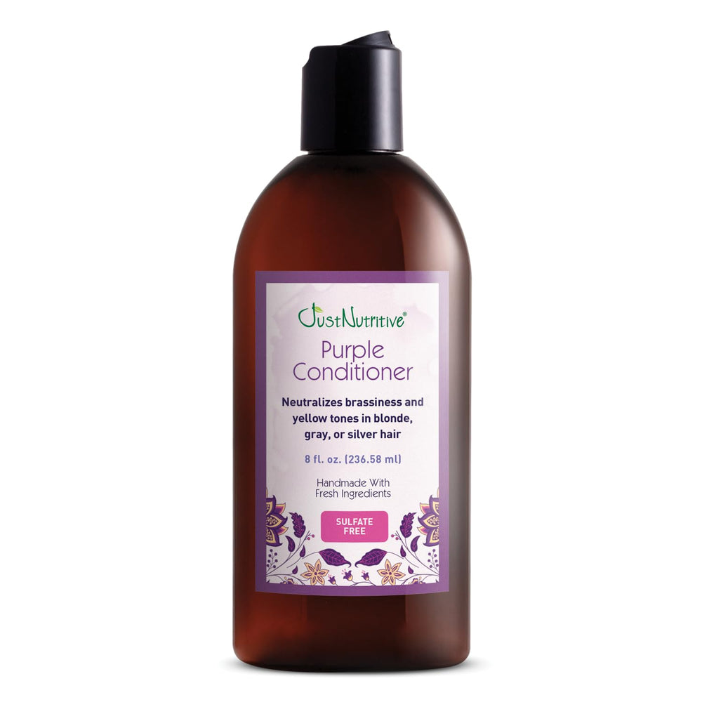 Just Nutritive Conditionneur Violet, bouteille élégante, neutralise les reflets jaunes et hydrate les cheveux.