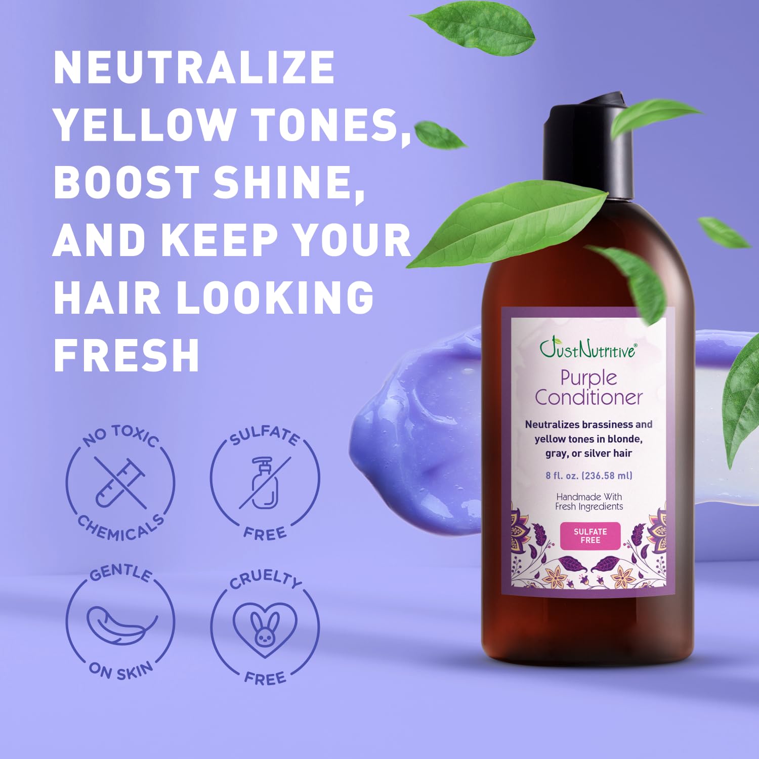 Conditionneur Violet Just Nutritive sur cheveux gris, neutralise les tons jaunâtres en douceur.
