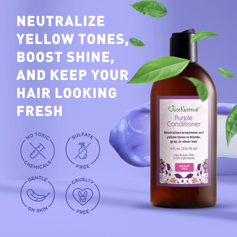 Conditionneur Violet Just Nutritive sur cheveux gris, neutralise les tons jaunâtres en douceur.