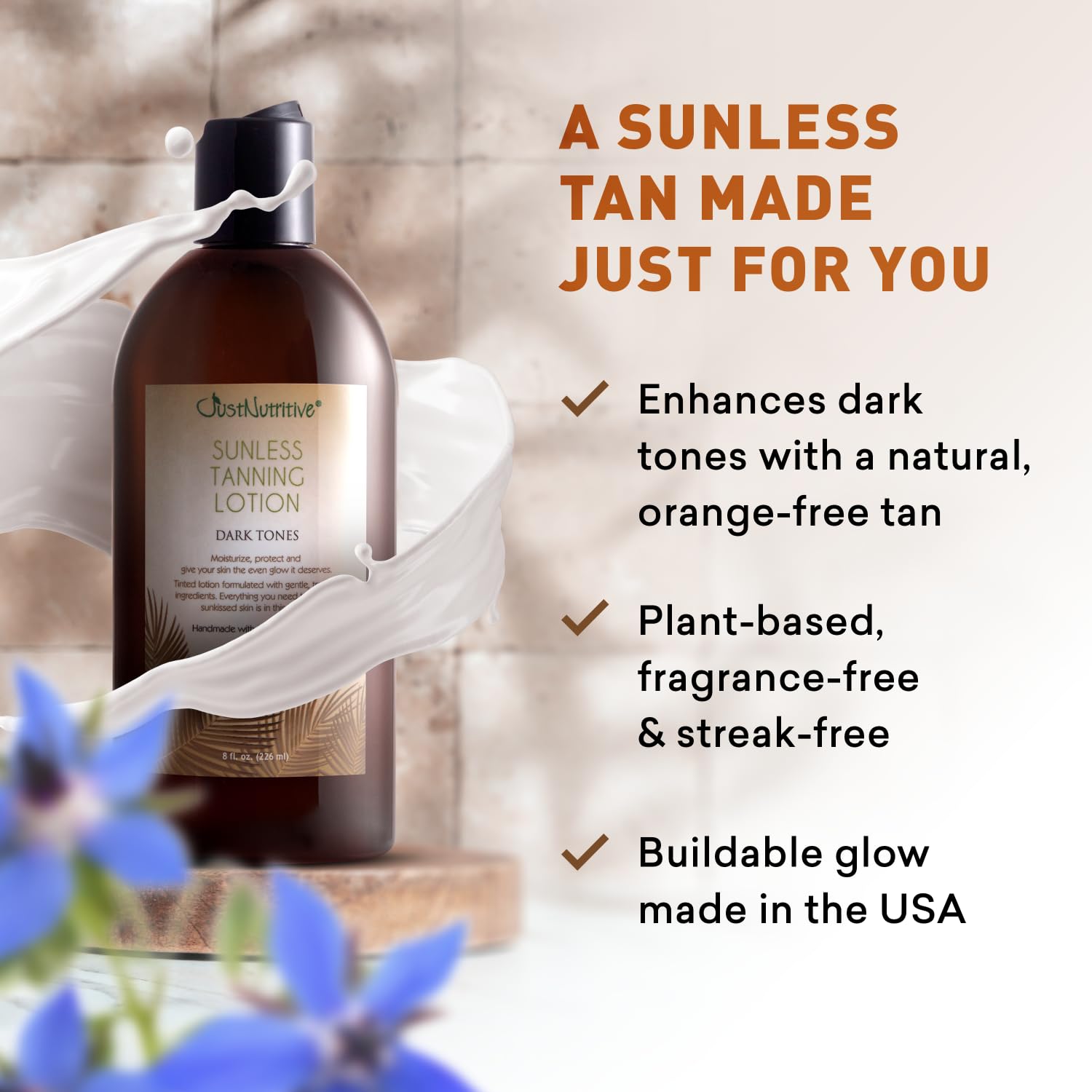 Teint uniforme avec Just Nutritive Lotion, couleur naturelle équilibrée.