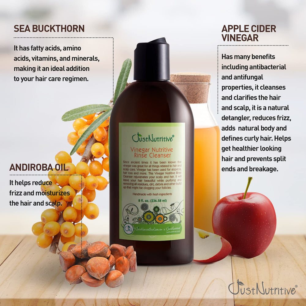 Just Nutritive Rinçage au vinaigre — argousier et huile d'andiroba nourrissent les cheveux.